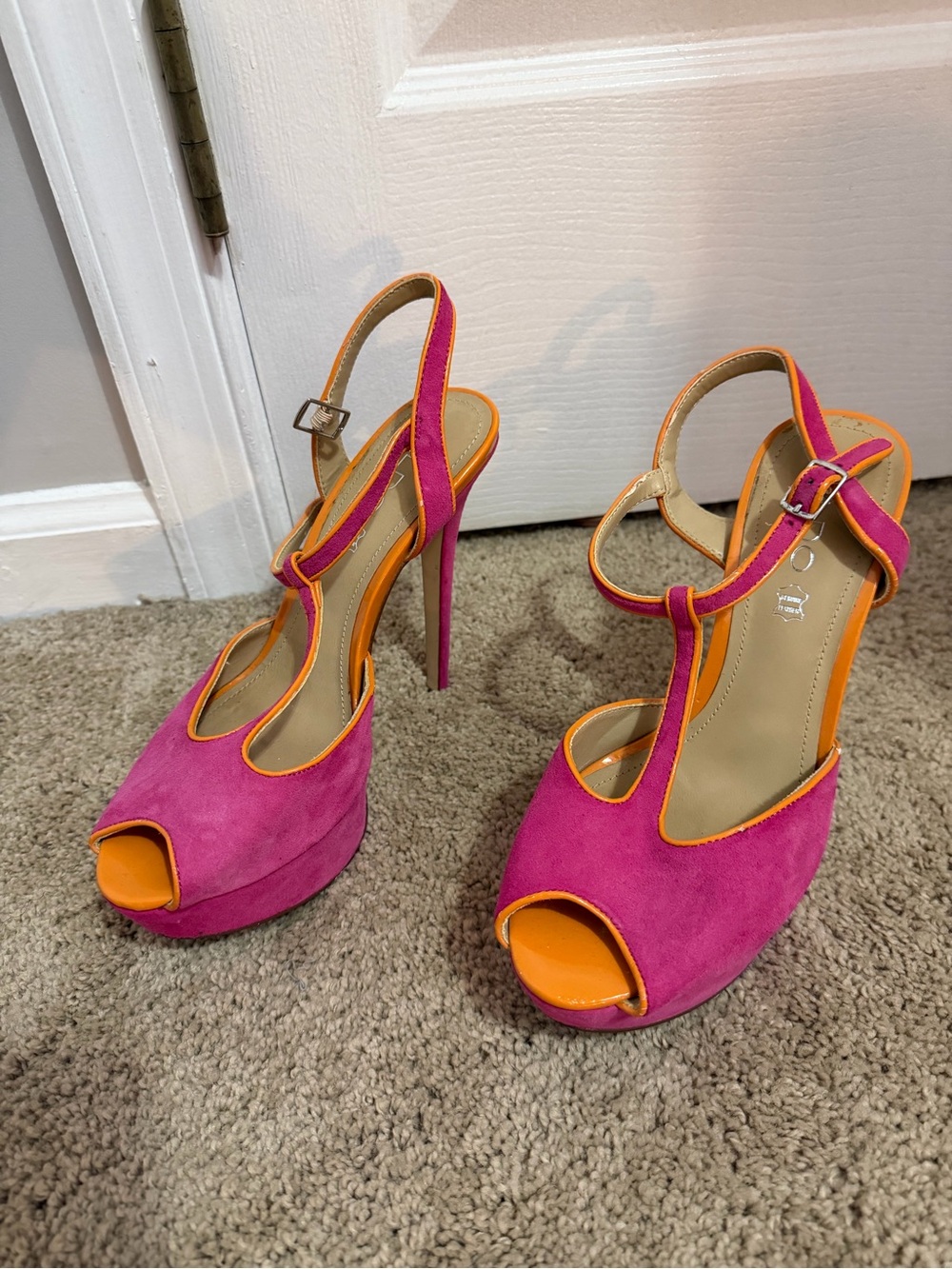 Aldo Fuchsia Suede Peep-Toe High Heels with Orange Trim